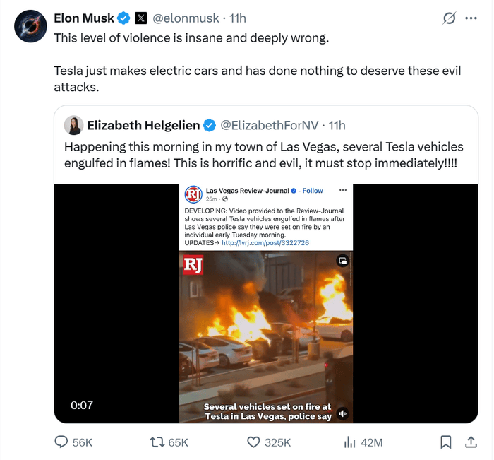 美國(guó)多輛特斯拉汽車遭縱火，馬斯克發(fā)聲回應(yīng)